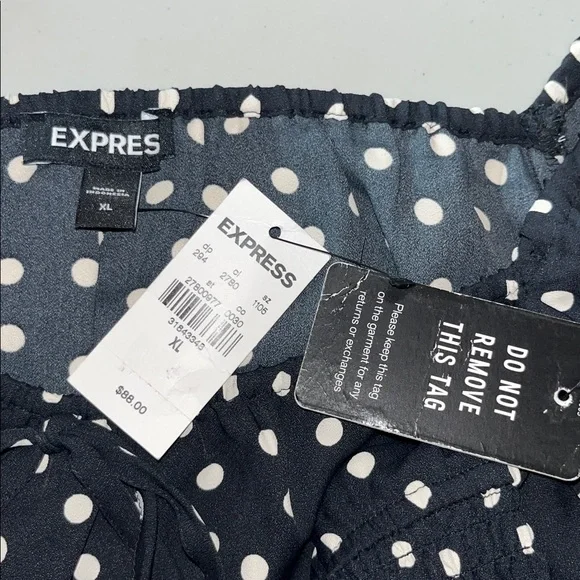 Express NWT Size XL Black & Ivory Polka Dot Smock Elastic Ruffle Hemline Dress - Picture 4 of 4